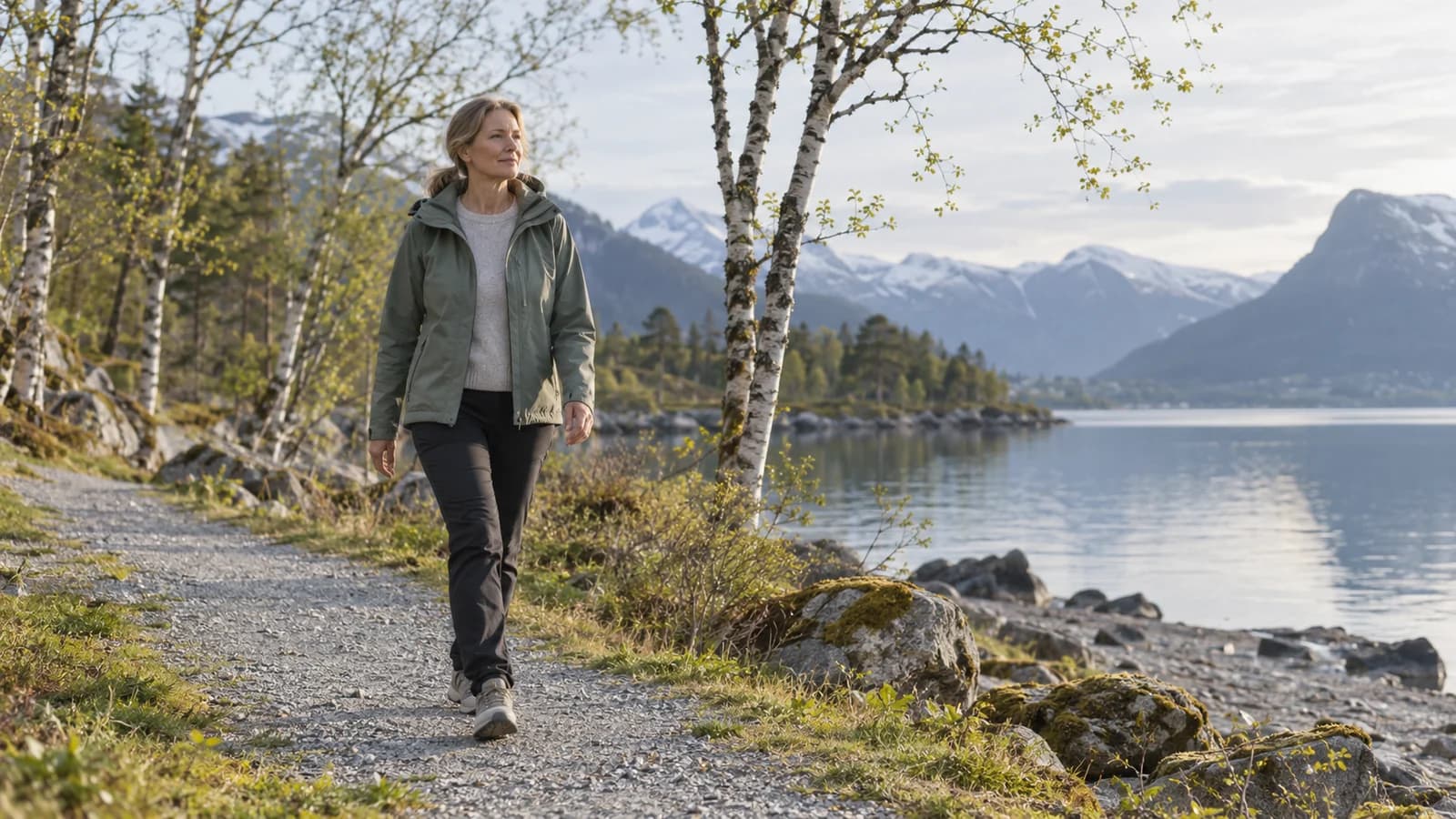 Kvinna som promenerar på en grusväg vid vattnet i morgonljus.